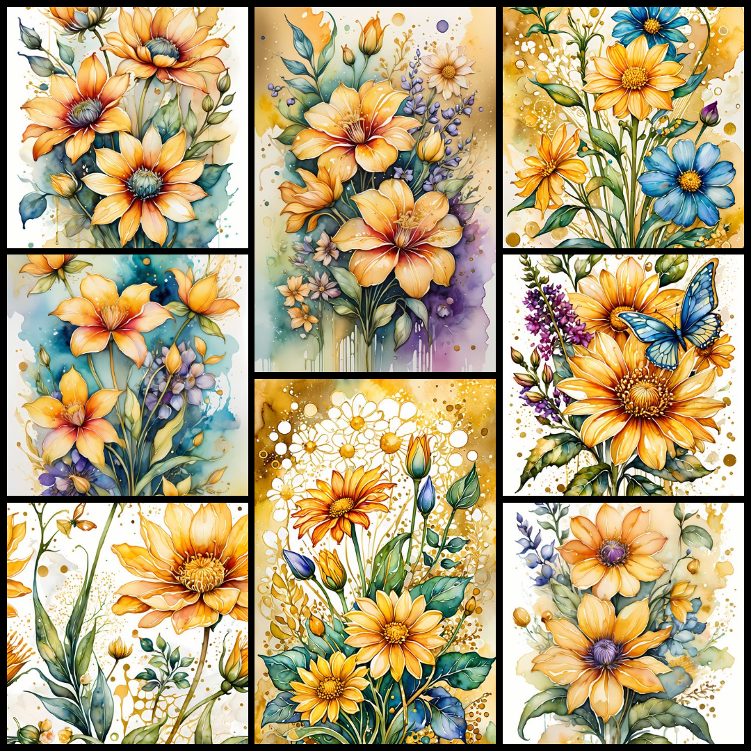 yellow flower PNGs, floral clipart bundle, sunflower digital art, watercolor floral images, abstract yellow roses, vintage flower illustrations, mixed media florals, geometric floral design, shabby chic scrapbook paper, yellow pansy PNG, high resolution f