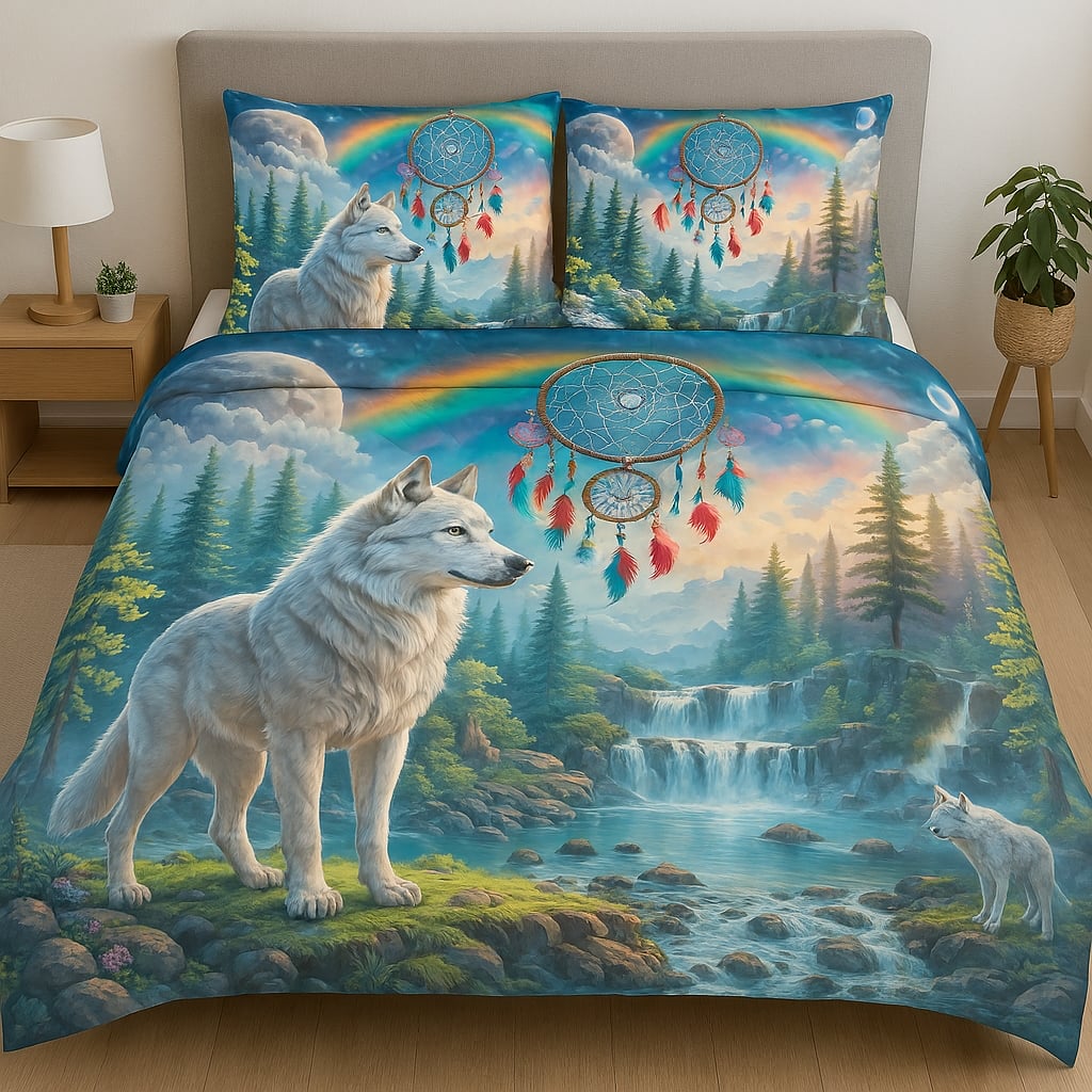 Printable Luxurious Quilt Set with Matching Pillows Wolf Paradise