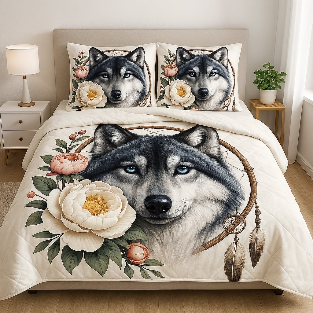 Printable Luxurious Quilt Set with Matching Pillows Wolf Dream Catcher