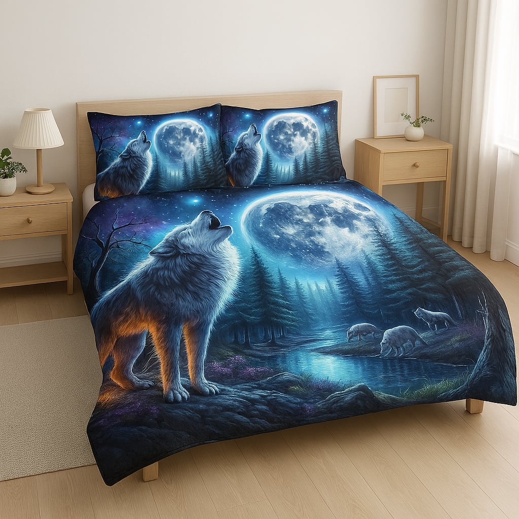 Printable Luxurious Quilt Set with Matching Pillows Wolf Pack