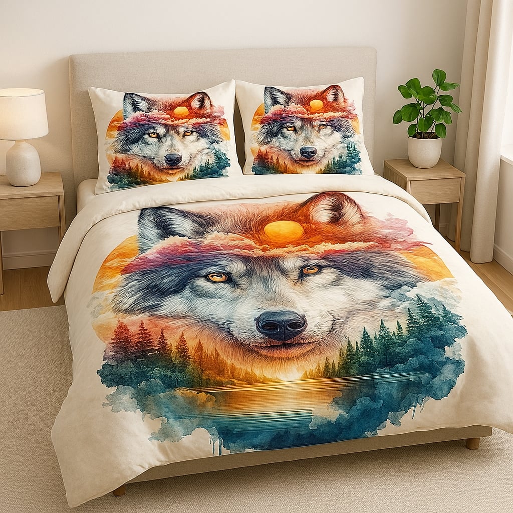 Printable Luxurious Quilt Set with Matching Pillows Sunset Wolf