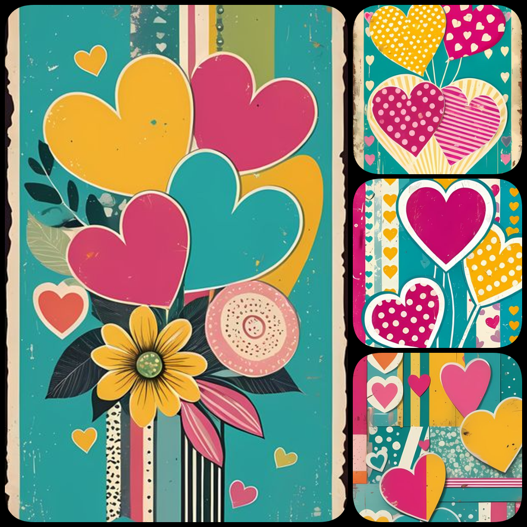 yellow heart clipart, heart PNG bundle, floral heart illustrations, vintage heart art, pop art heart design, painterly heart PNGs, 3D heart artwork, oil painted hearts, romantic heart graphics, retro heart flowers, impasto heart art, high resolution heart