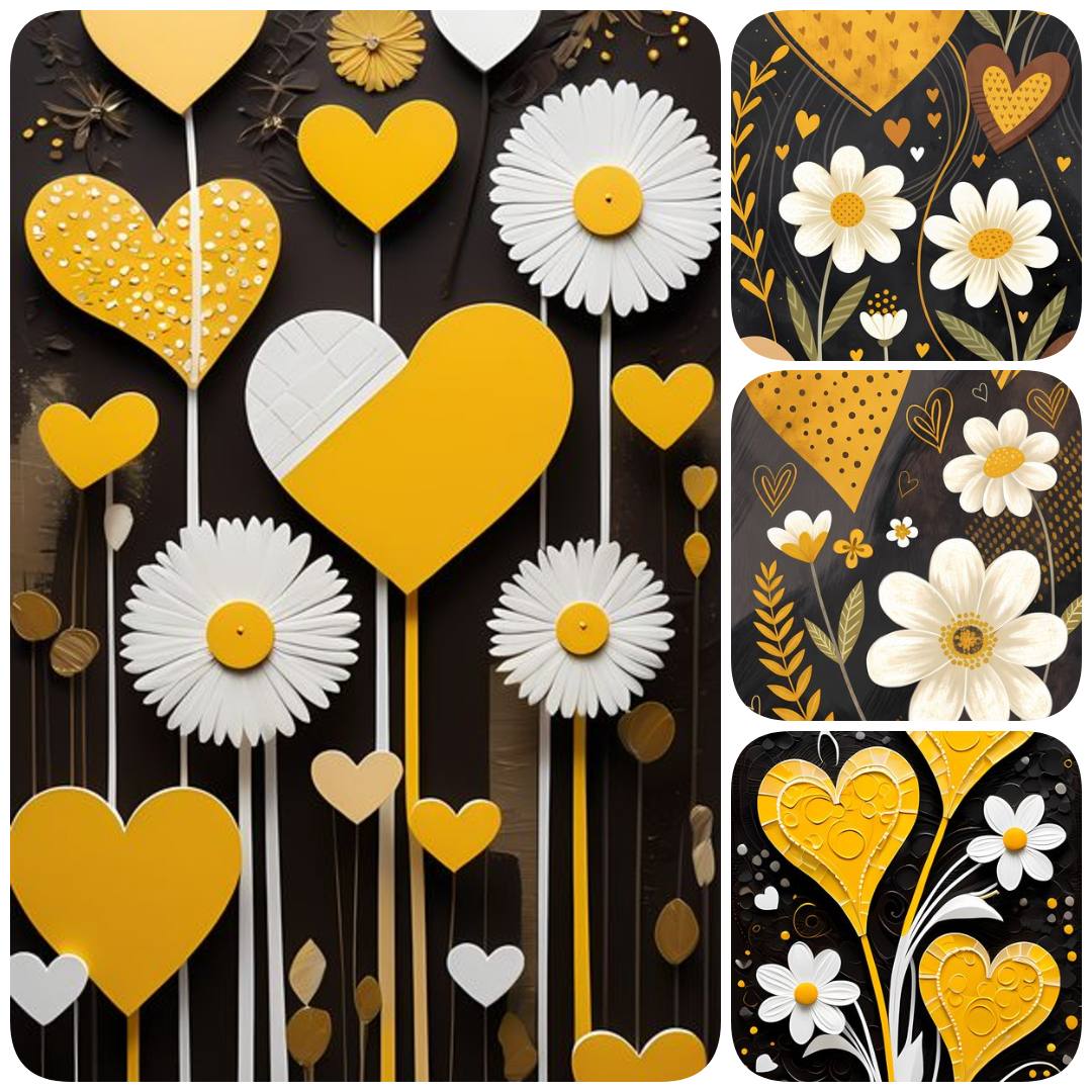 yellow heart clipart, heart PNG bundle, floral heart illustrations, vintage heart art, pop art heart design, painterly heart PNGs, 3D heart artwork, oil painted hearts, romantic heart graphics, retro heart flowers, impasto heart art, high resolution heart