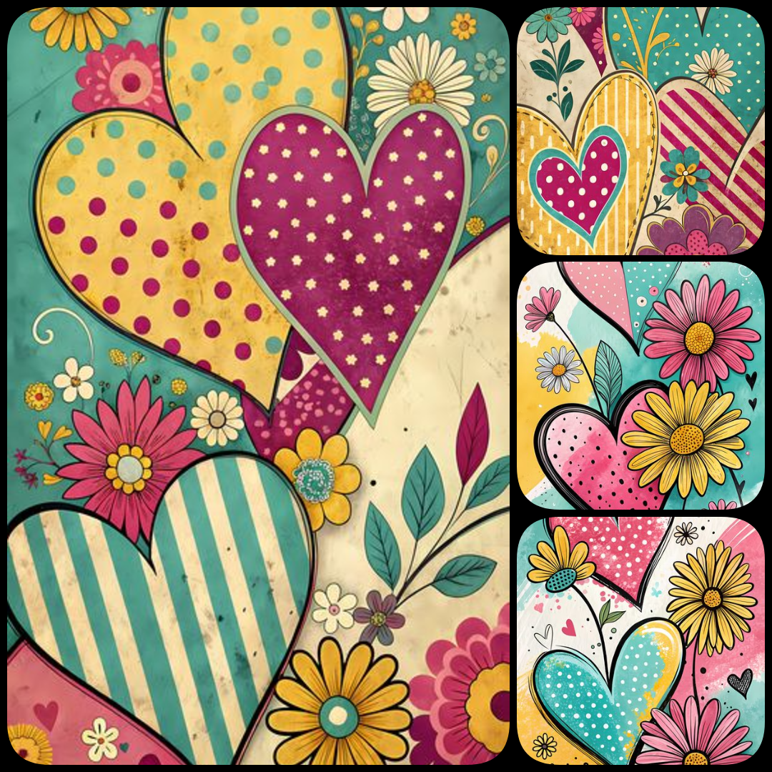 yellow heart clipart, heart PNG bundle, floral heart illustrations, vintage heart art, pop art heart design, painterly heart PNGs, 3D heart artwork, oil painted hearts, romantic heart graphics, retro heart flowers, impasto heart art, high resolution heart