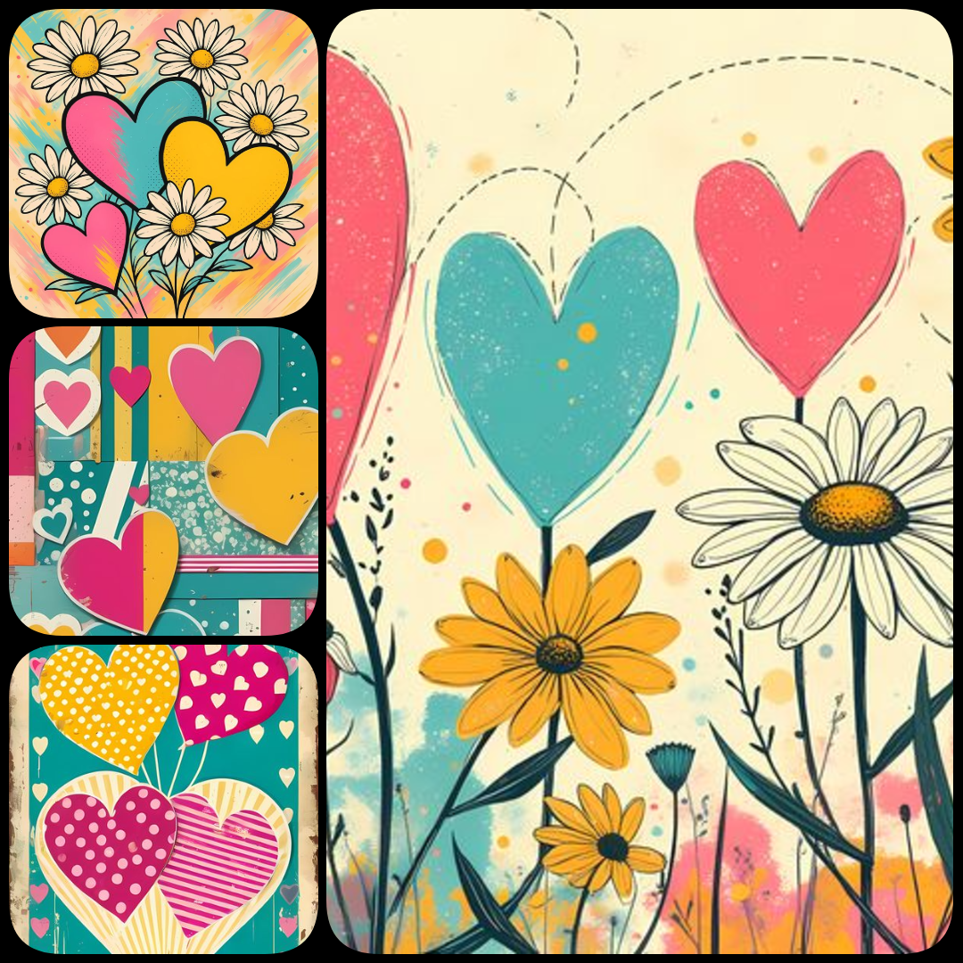 yellow heart clipart, heart PNG bundle, floral heart illustrations, vintage heart art, pop art heart design, painterly heart PNGs, 3D heart artwork, oil painted hearts, romantic heart graphics, retro heart flowers, impasto heart art, high resolution heart
