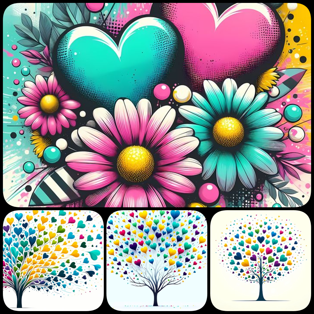 yellow heart clipart, heart PNG bundle, floral heart illustrations, vintage heart art, pop art heart design, painterly heart PNGs, 3D heart artwork, oil painted hearts, romantic heart graphics, retro heart flowers, impasto heart art, high resolution heart