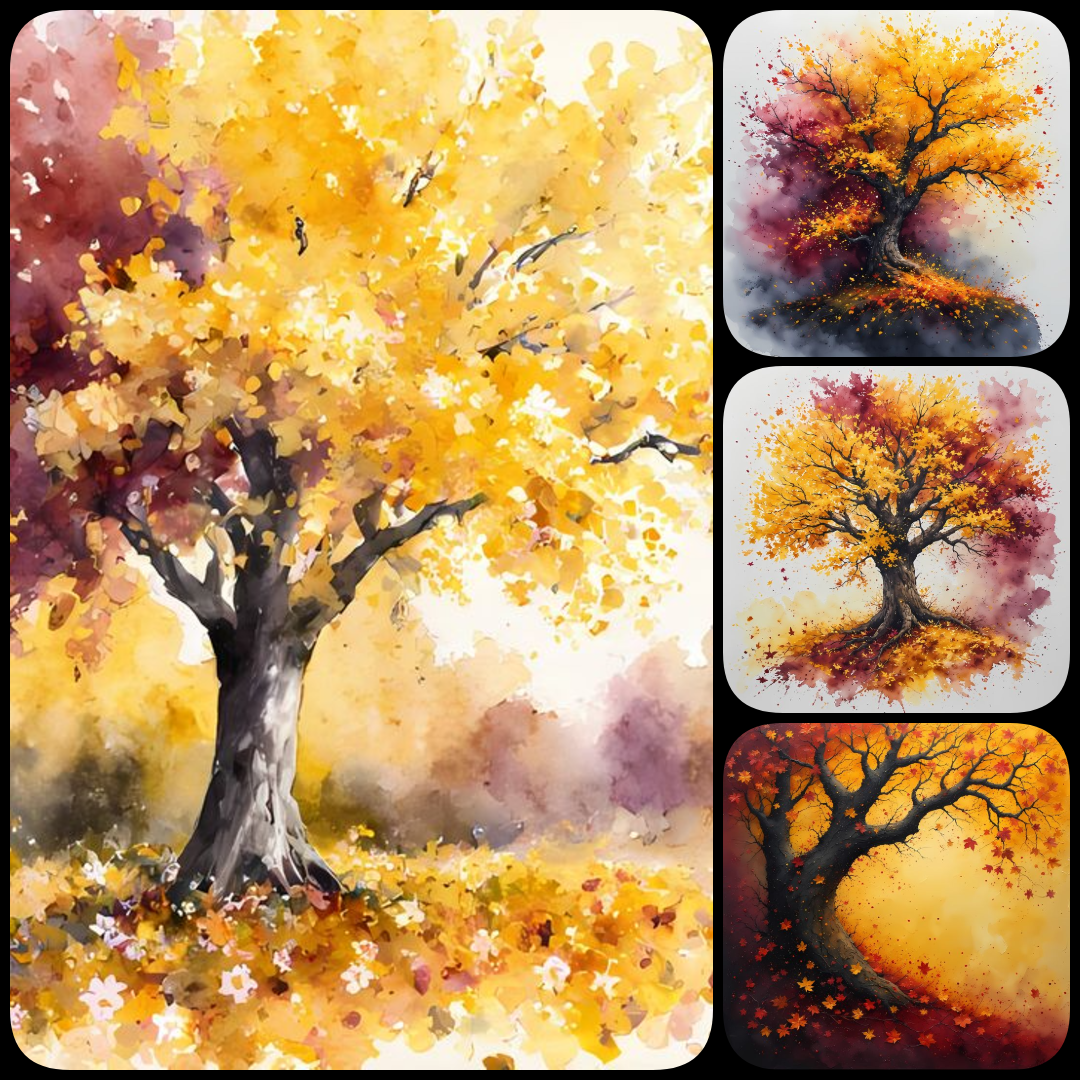 autumn nature clipart, yellow landscape PNG, fall lake illustration, watercolor autumn trees, golden hour digital art, yellow toned nature prints, high resolution autumn art, painterly forest scenes, sunset over lake art, minimal color landscape PNGs, fal