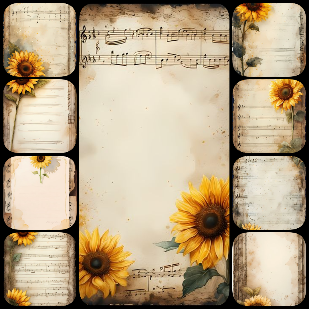 sunflower junk journal kit, vintage sunflower PNGs, shabby chic collage art, retro scrapbook ephemera, watercolor sunflower clipart, antique paper textures, yellow floral digital paper, sunflower mixed media art, printable sunflower graphics, romantic vin