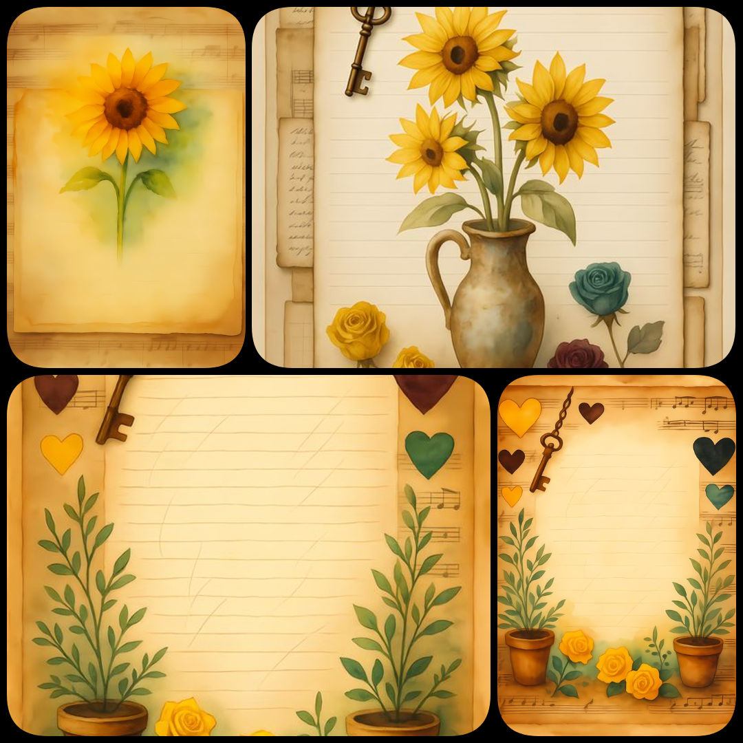 sunflower junk journal kit, vintage sunflower PNGs, shabby chic collage art, retro scrapbook ephemera, watercolor sunflower clipart, antique paper textures, yellow floral digital paper, sunflower mixed media art, printable sunflower graphics, romantic vin