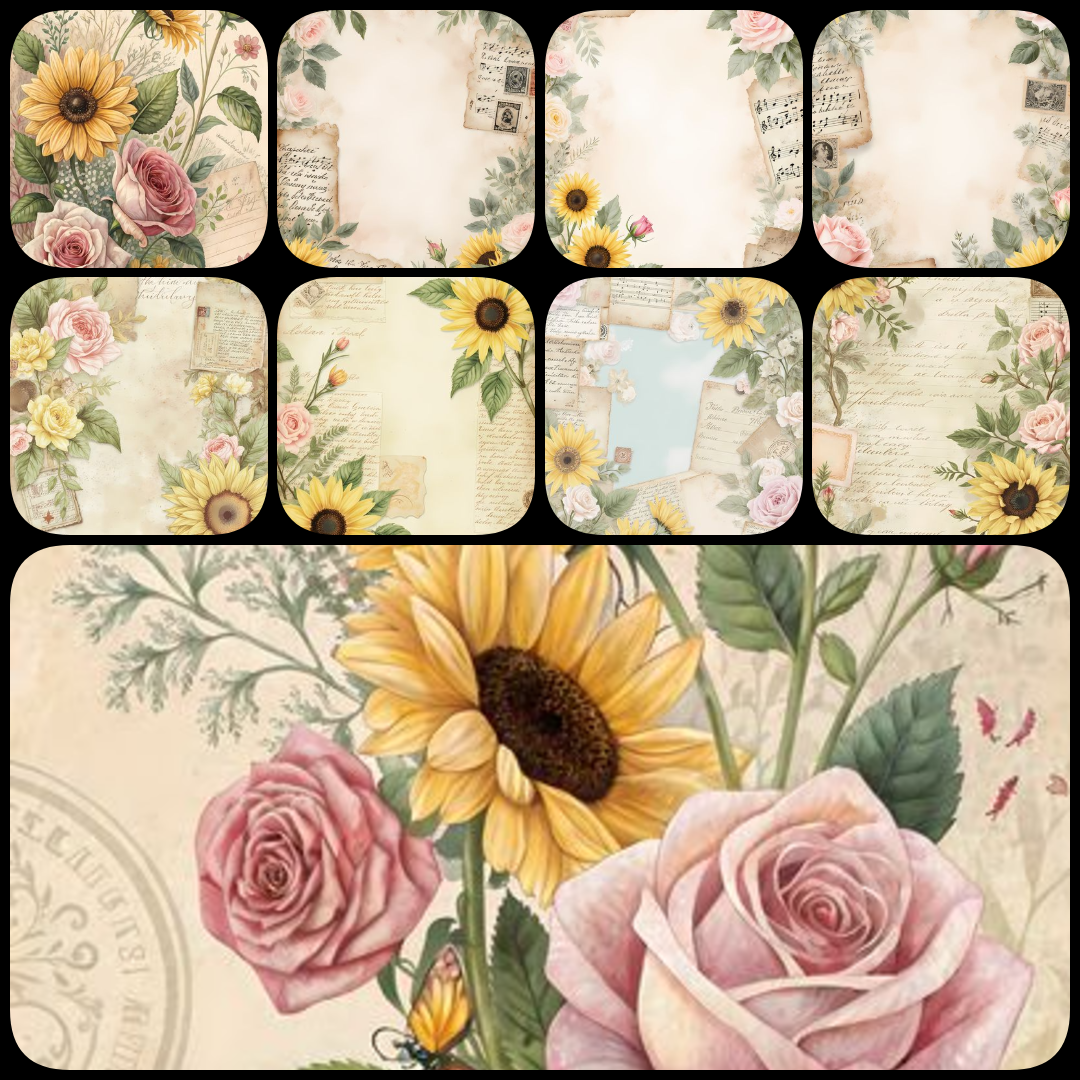 sunflower junk journal kit, vintage sunflower PNGs, shabby chic collage art, retro scrapbook ephemera, watercolor sunflower clipart, antique paper textures, yellow floral digital paper, sunflower mixed media art, printable sunflower graphics, romantic vin