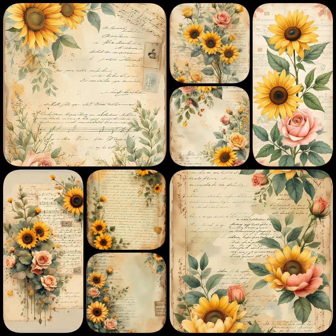 sunflower junk journal kit, vintage sunflower PNGs, shabby chic collage art, retro scrapbook ephemera, watercolor sunflower clipart, antique paper textures, yellow floral digital paper, sunflower mixed media art, printable sunflower graphics, romantic vin