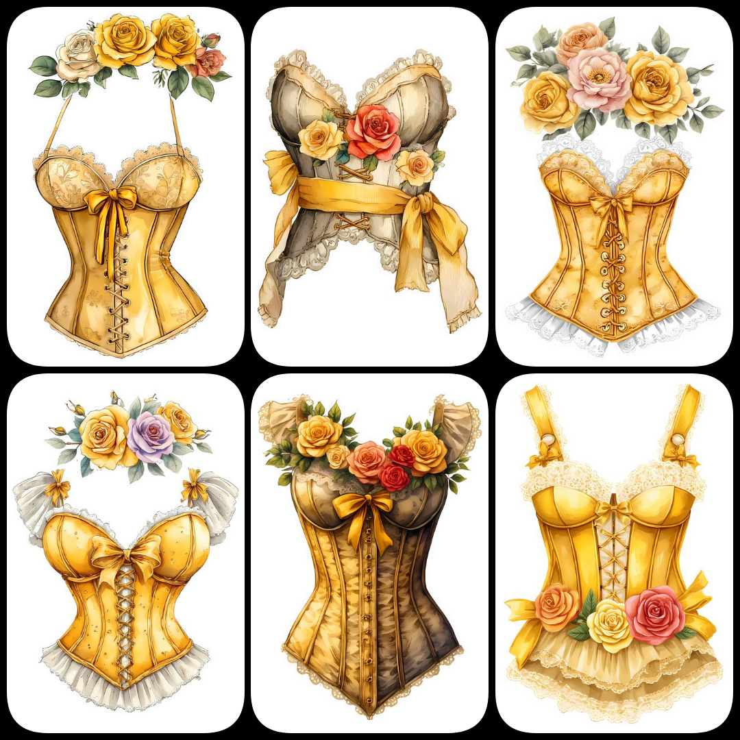 shabby chic junk journal kit, yellow vintage clipart, romantic scrapbook stickers, Victorian junk journal PNGs, floral lace ephemera, watercolor corset illustrations, antique jewelry clipart, yellow rose digital art, vintage perfume bottle PNGs, sunflower
