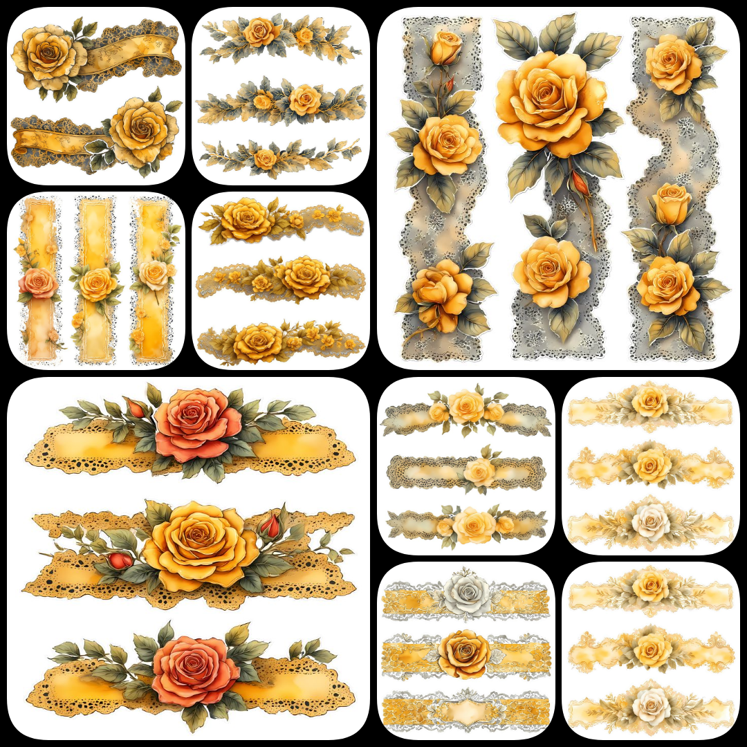 shabby chic junk journal kit, yellow vintage clipart, romantic scrapbook stickers, Victorian junk journal PNGs, floral lace ephemera, watercolor corset illustrations, antique jewelry clipart, yellow rose digital art, vintage perfume bottle PNGs, sunflower