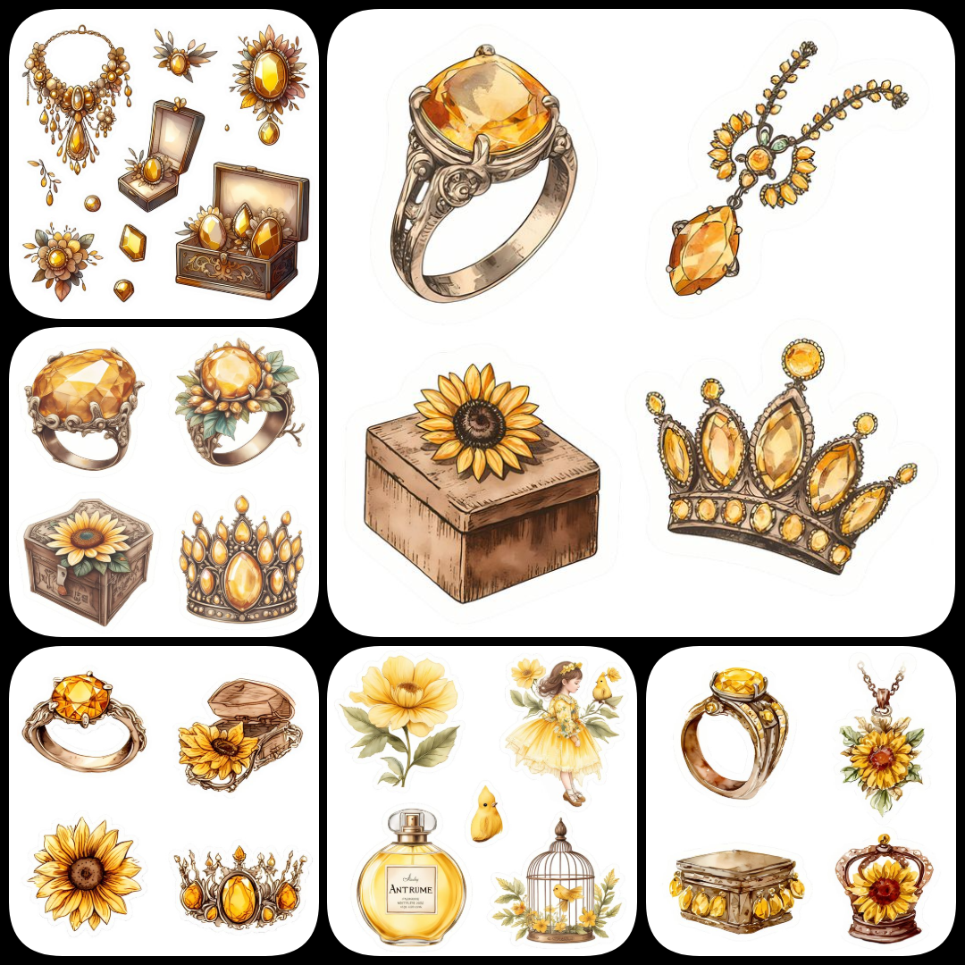 shabby chic junk journal kit, yellow vintage clipart, romantic scrapbook stickers, Victorian junk journal PNGs, floral lace ephemera, watercolor corset illustrations, antique jewelry clipart, yellow rose digital art, vintage perfume bottle PNGs, sunflower