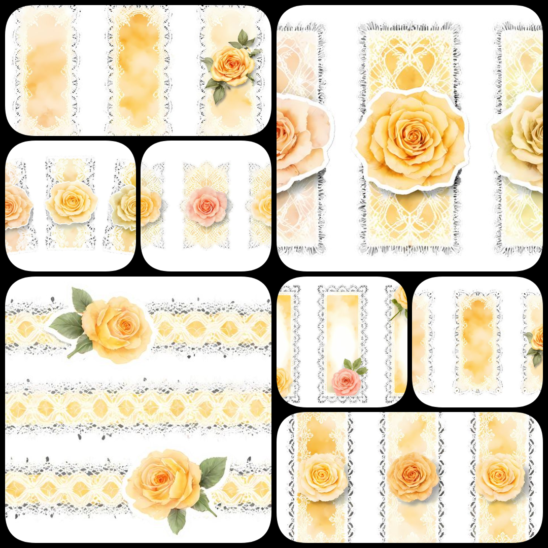shabby chic junk journal kit, yellow vintage clipart, romantic scrapbook stickers, Victorian junk journal PNGs, floral lace ephemera, watercolor corset illustrations, antique jewelry clipart, yellow rose digital art, vintage perfume bottle PNGs, sunflower