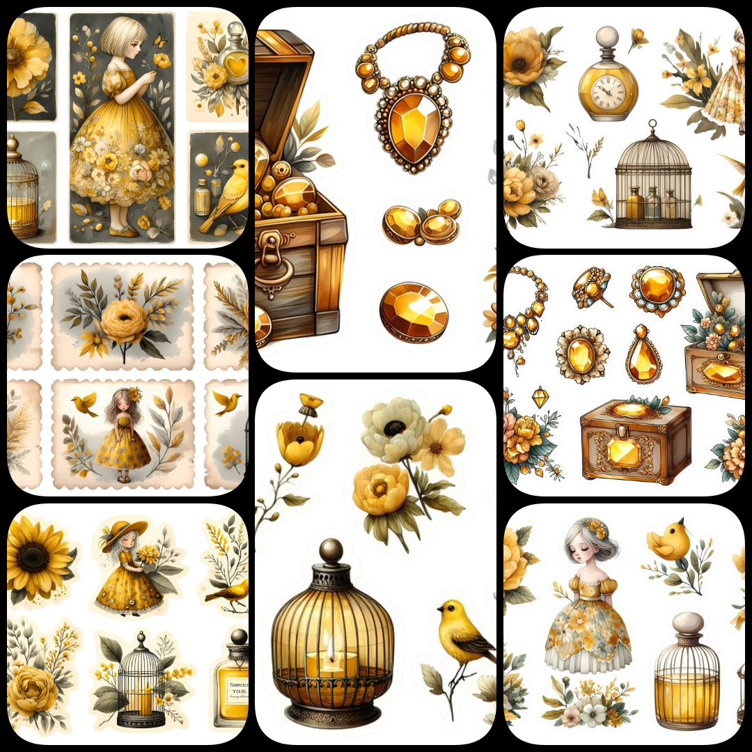 shabby chic junk journal kit, yellow vintage clipart, romantic scrapbook stickers, Victorian junk journal PNGs, floral lace ephemera, watercolor corset illustrations, antique jewelry clipart, yellow rose digital art, vintage perfume bottle PNGs, sunflower