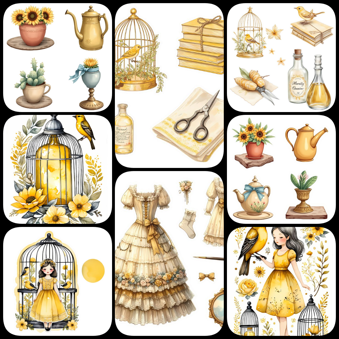 shabby chic junk journal kit, yellow vintage clipart, romantic scrapbook stickers, Victorian junk journal PNGs, floral lace ephemera, watercolor corset illustrations, antique jewelry clipart, yellow rose digital art, vintage perfume bottle PNGs, sunflower
