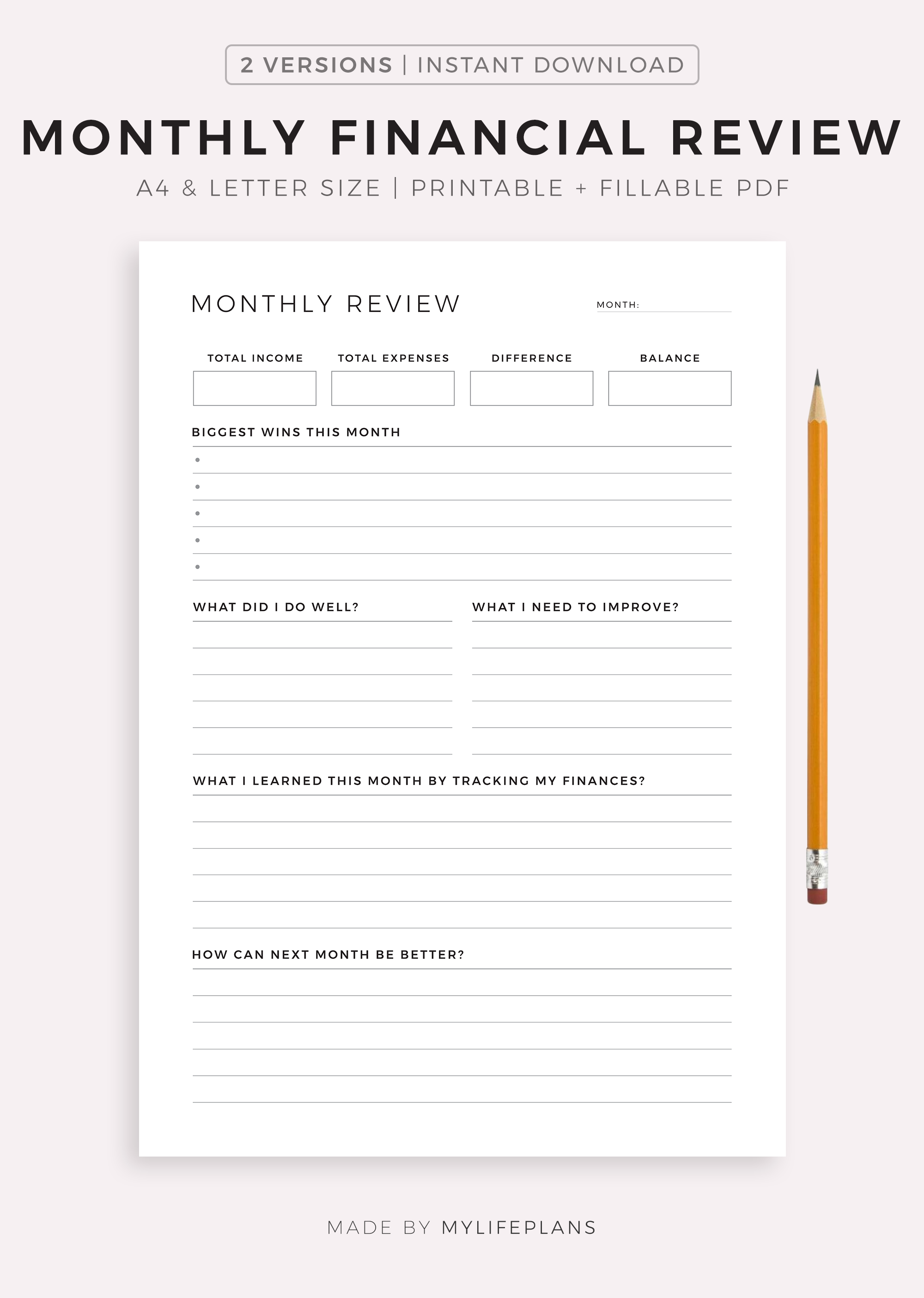Monthly Financial Review, Printable & Fillable Template, A4/Letter Size