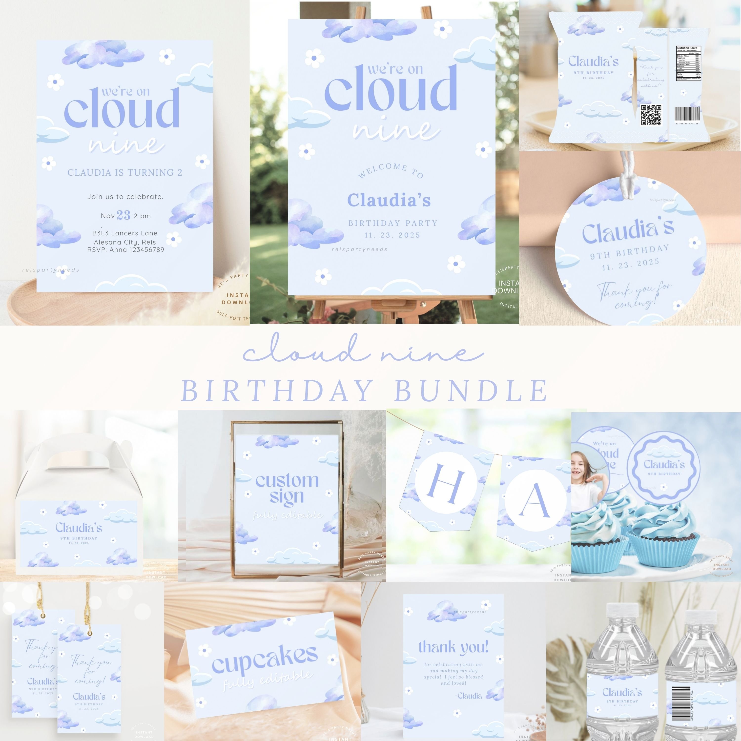 Editable Cloud Nine Birthday Invitation Bundle, INSTANT DOWNLOAD, 9th ...