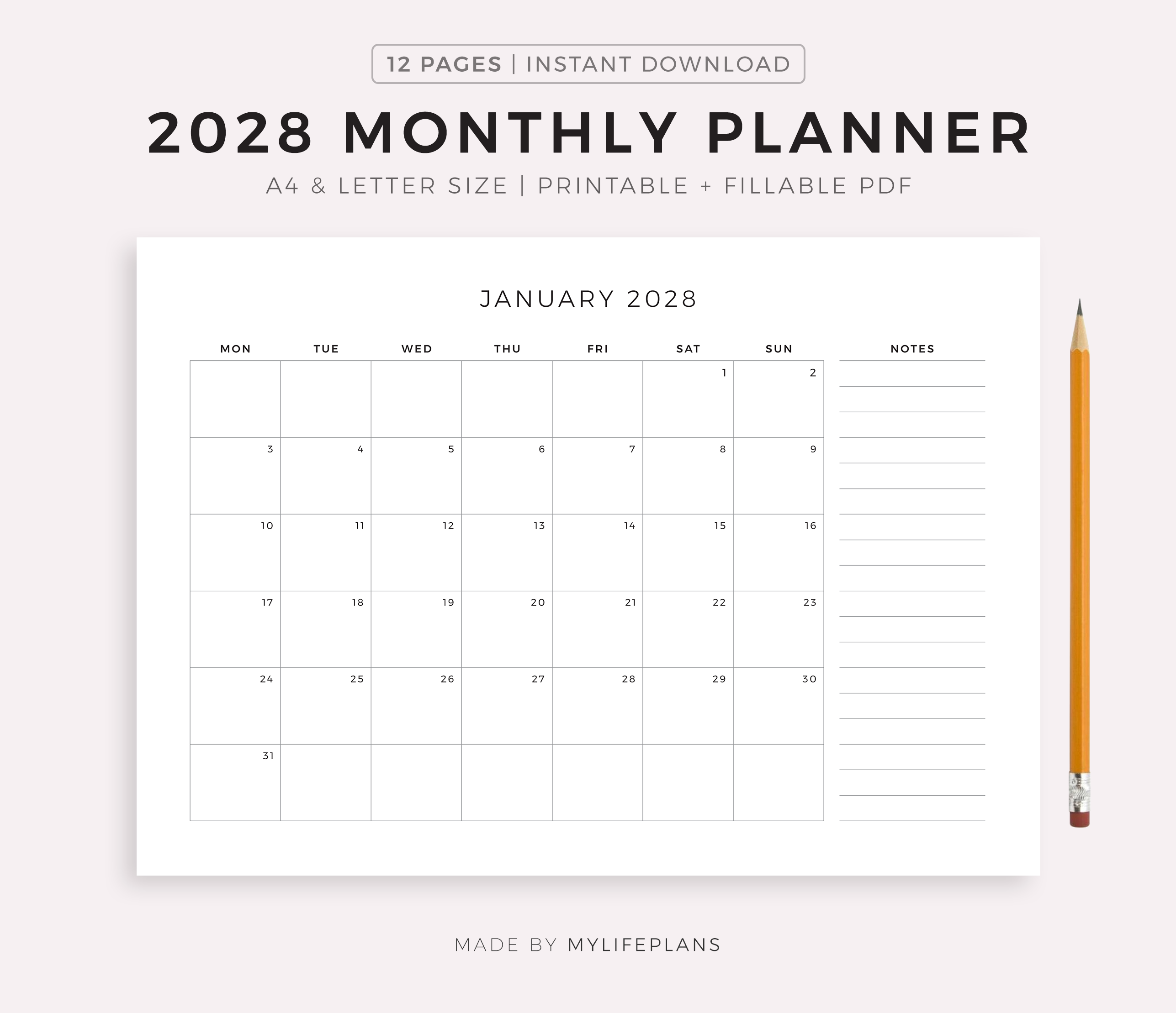 2028 Monthly Planner Landscape, Printable & Fillable, A4/Letter Size ...