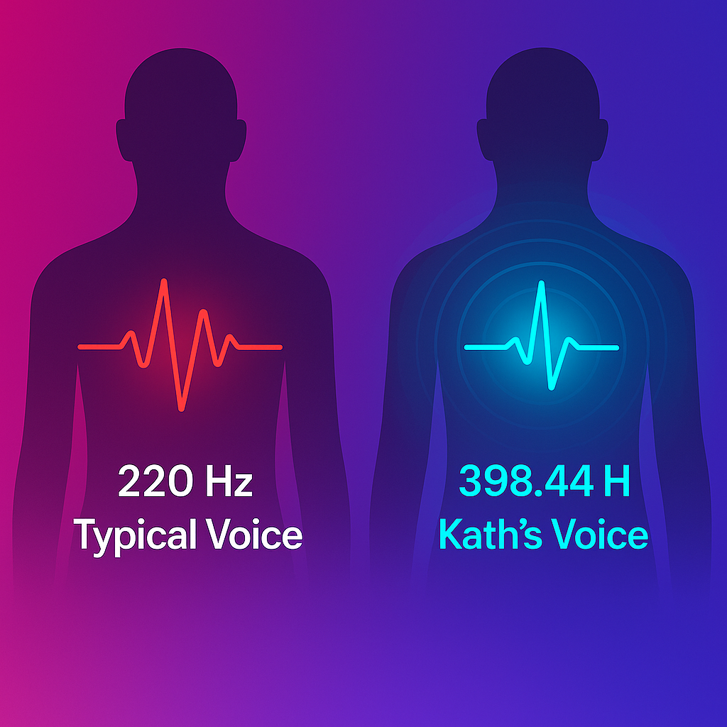 Product cover for 7 Decision Questions — visual iconography comparing a typical 220 Hz voice and Kath Pietersen’s unique 398.44 Hz voice marker. Two human silhouettes show waveforms at chest level, one red for the typical voice and one glowing cyan with c