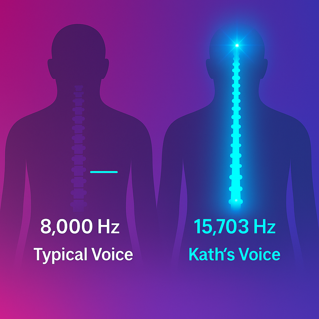 PayHip product cover for 7 Decision Questions — visual iconography comparing a typical 8,000 Hz voice with Kath Pietersen’s unique 15,703 Hz voice marker. Two human silhouettes show spine graphics: one faint spine with a short teal line for typical voice,
