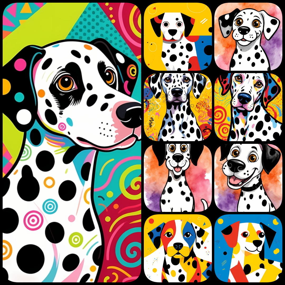 Dalmatian art bundle, Dalmatian clipart, Dalmatian digital download, dog art bundle, Dalmatian wall art, Pop Art Dalmatian, cartoon Dalmatian, cubism dog art, abstract Dalmatian art, vintage Dalmatian images, mixed media dog art, printable Dalmatian image