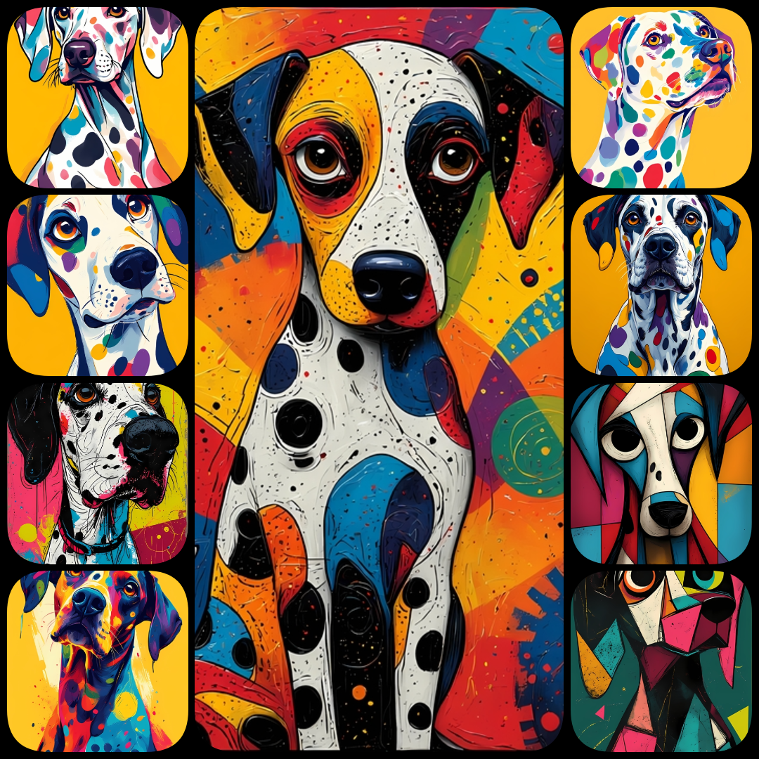 Dalmatian art bundle, Dalmatian clipart, Dalmatian digital download, dog art bundle, Dalmatian wall art, Pop Art Dalmatian, cartoon Dalmatian, cubism dog art, abstract Dalmatian art, vintage Dalmatian images, mixed media dog art, printable Dalmatian image