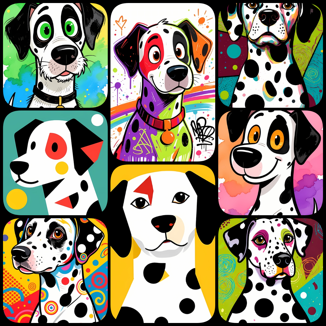 Dalmatian art bundle, Dalmatian clipart, Dalmatian digital download, dog art bundle, Dalmatian wall art, Pop Art Dalmatian, cartoon Dalmatian, cubism dog art, abstract Dalmatian art, vintage Dalmatian images, mixed media dog art, printable Dalmatian image