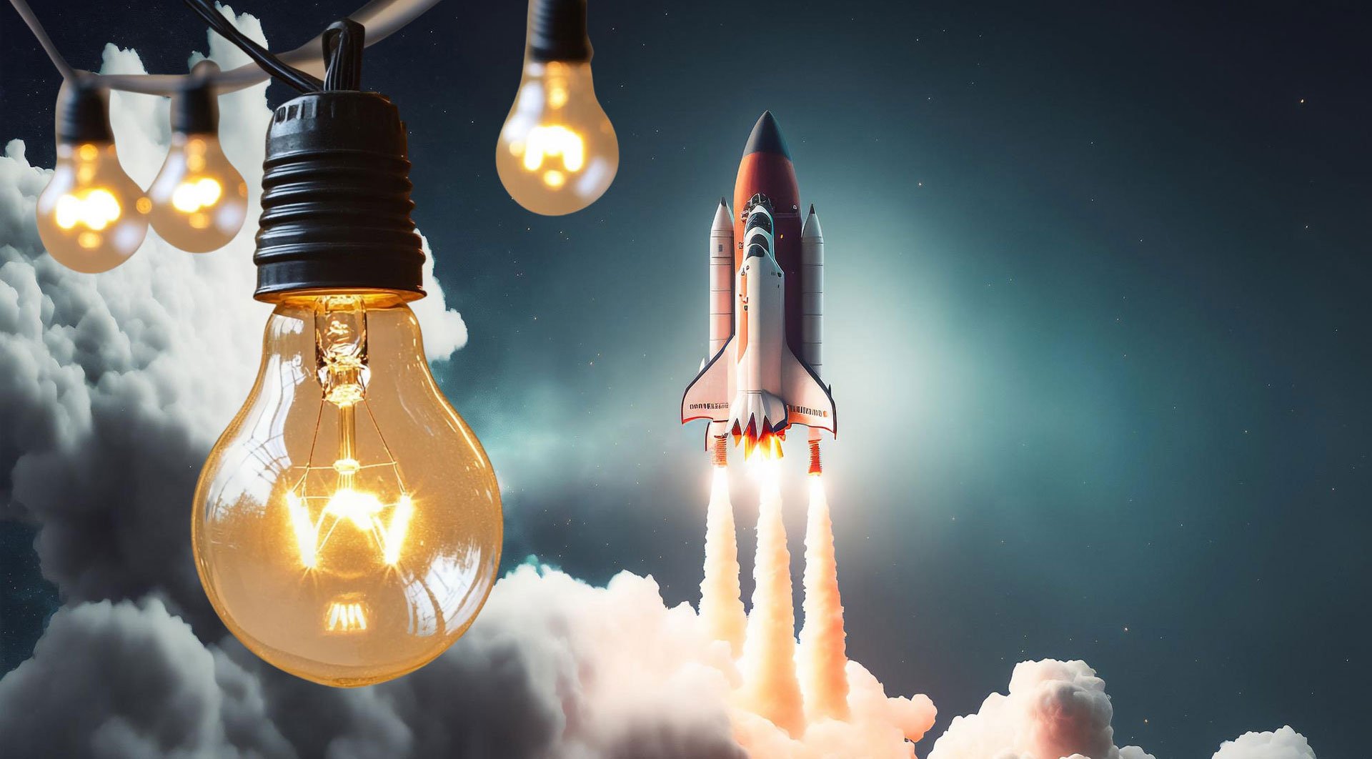 Minimal startup-themed illustration with laptop, lightbulb, and growth chart