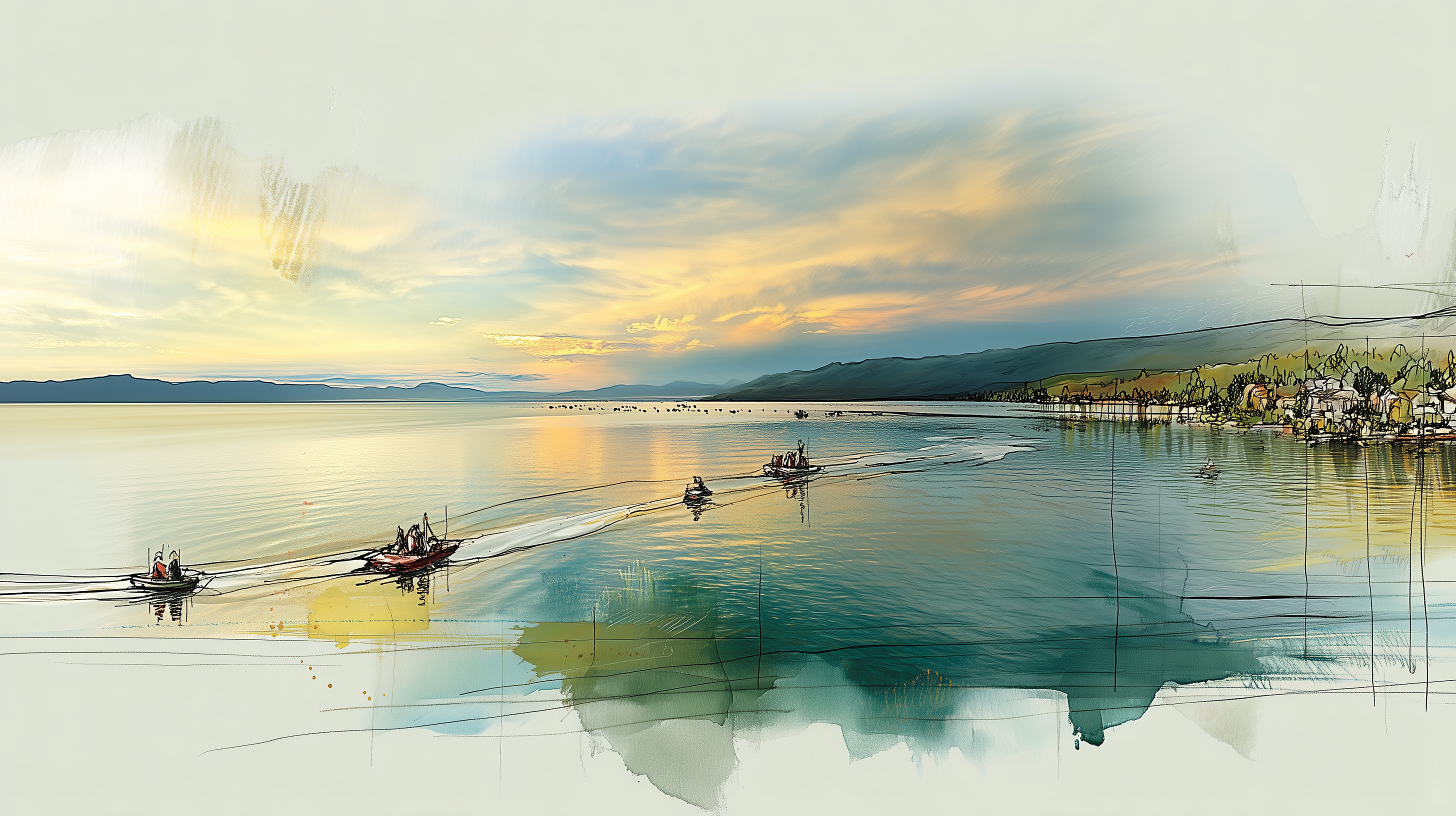 Serene watercolor-style artwork of boats on a lake with a golden sunset sky, used as a contact background image on The Tethered Line website.