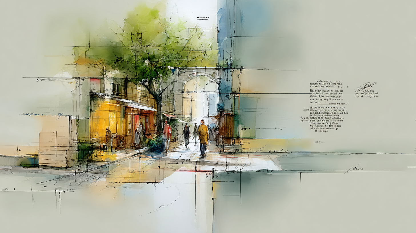 European viallage at golden hour in watercolor-style artwork, used as contact background on The Tethered Line — serene and reflective.