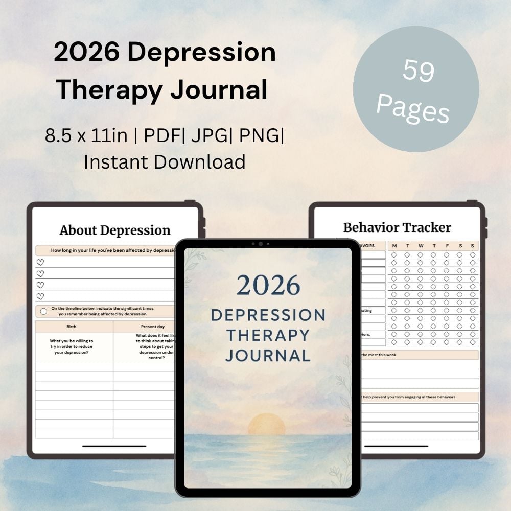 2026 Depression Therapy Journal – 59-Page Printable Mental Health & Self-Care Planner PDF