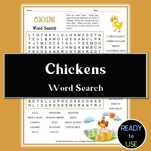 Chickens Word Search Printable | Farm Animals & Chicken Facts Puzzle PDF