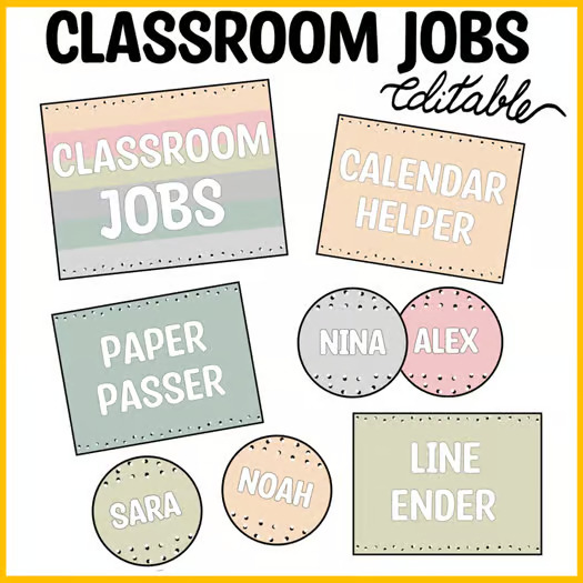 Printable Boho Dotty Classroom Jobs Labels, Editable Classroom Jobs