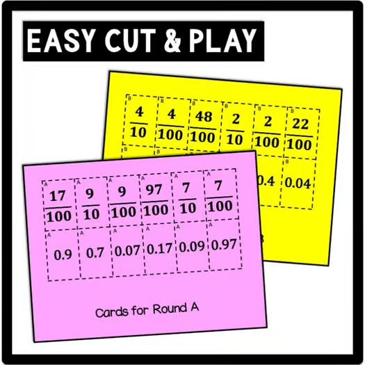 Converting Fractions to Decimals Activity, Tenths & Hundredths Equivalents Game