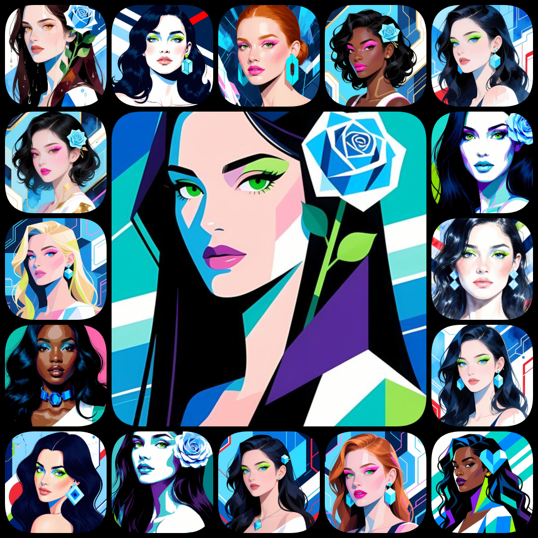 Cubist womens faces, Cyberpunk art bundle, blue hue digital art, high-resolution womens portraits, Pop Art style faces, Vintage Pulp female art, painterly digital portraits, anime-inspired womens art, 300 DPI art bundle, unique blue art collection, fut