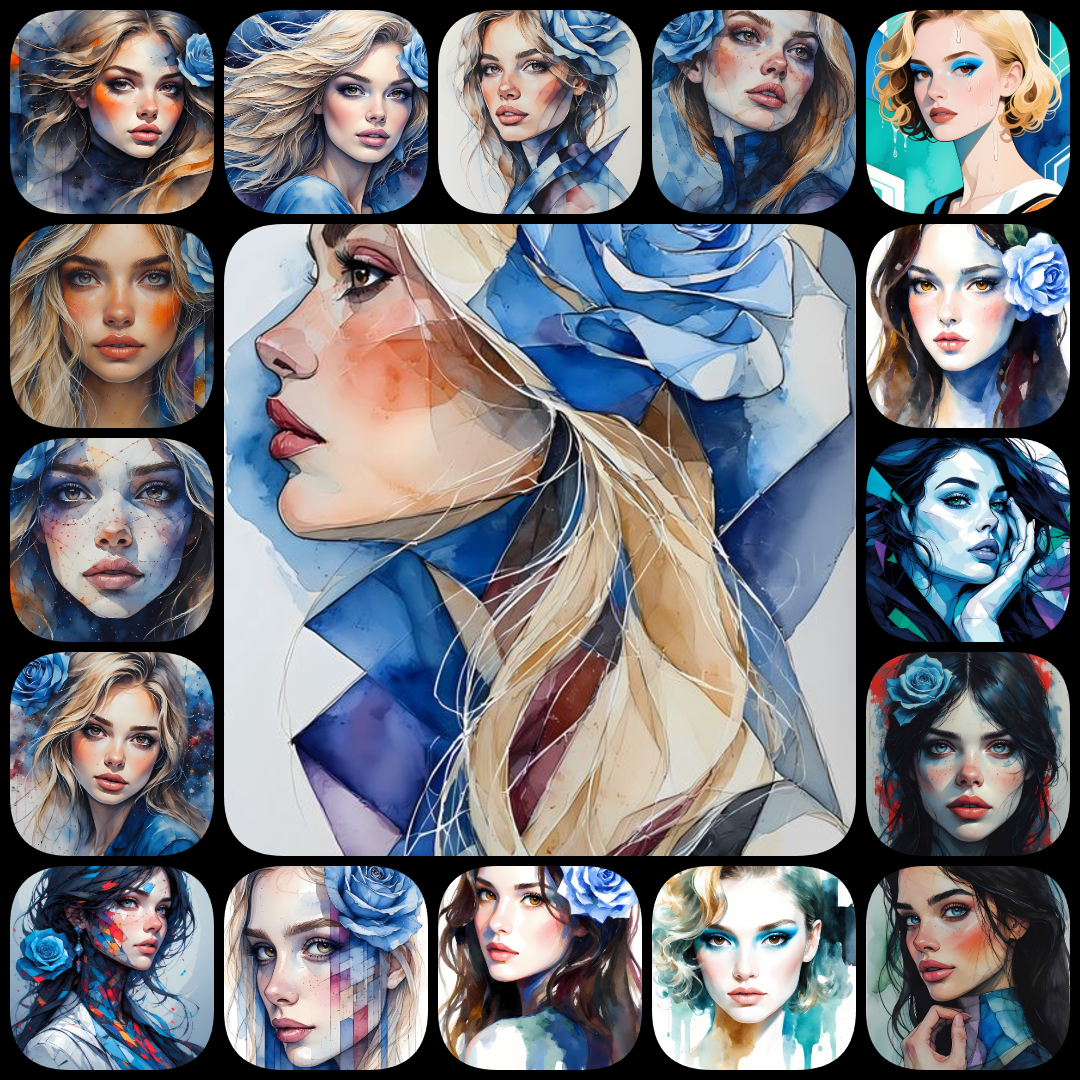 Cubist womens faces, Cyberpunk art bundle, blue hue digital art, high-resolution womens portraits, Pop Art style faces, Vintage Pulp female art, painterly digital portraits, anime-inspired womens art, 300 DPI art bundle, unique blue art collection, fut