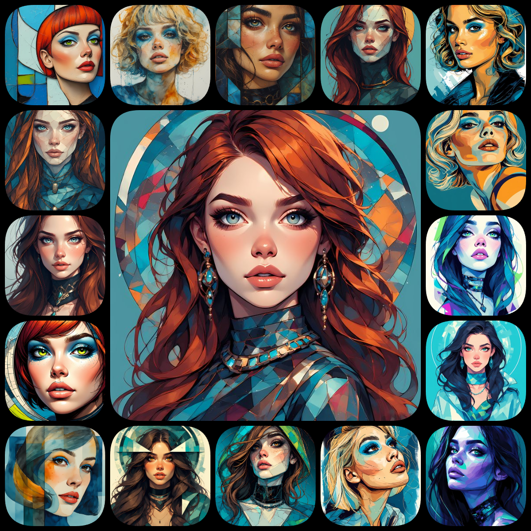 Cubist womens faces, Cyberpunk art bundle, blue hue digital art, high-resolution womens portraits, Pop Art style faces, Vintage Pulp female art, painterly digital portraits, anime-inspired womens art, 300 DPI art bundle, unique blue art collection, fut