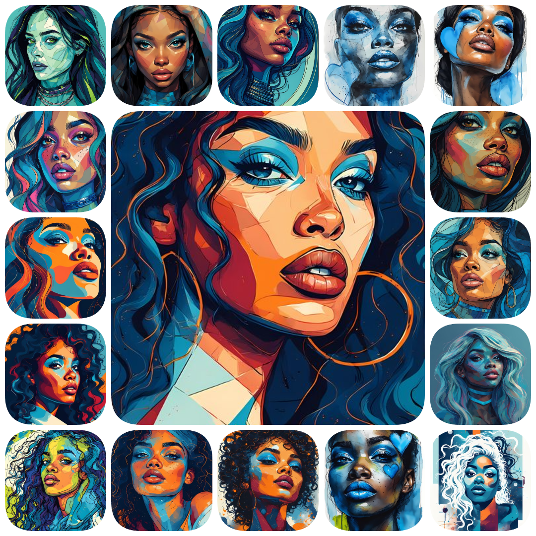 Cubist womens faces, Cyberpunk art bundle, blue hue digital art, high-resolution womens portraits, Pop Art style faces, Vintage Pulp female art, painterly digital portraits, anime-inspired womens art, 300 DPI art bundle, unique blue art collection, fut