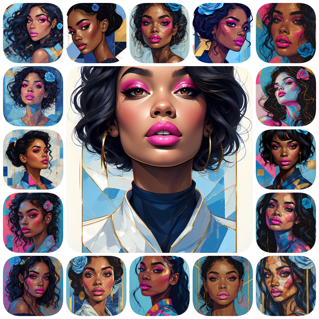 Cubist womens faces, Cyberpunk art bundle, blue hue digital art, high-resolution womens portraits, Pop Art style faces, Vintage Pulp female art, painterly digital portraits, anime-inspired womens art, 300 DPI art bundle, unique blue art collection, fut