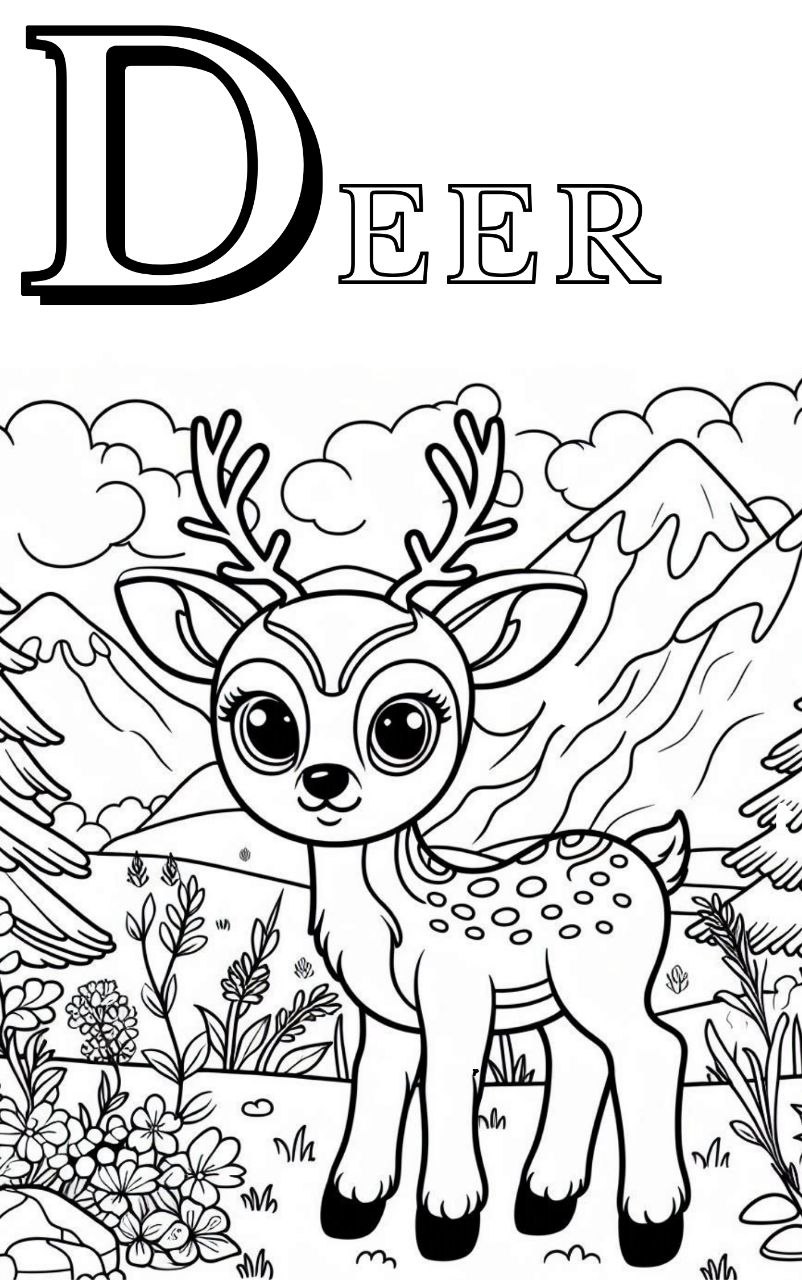 Preview page of the ABC coloring book showing the letter D with the animal Deer to color. Página de vista previa del libro de colorear ABC mostrando la letra D con el animal Ciervo para colorear.