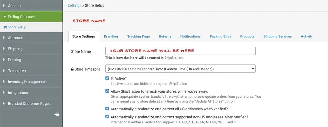 shipstation store setup screen for packing slips