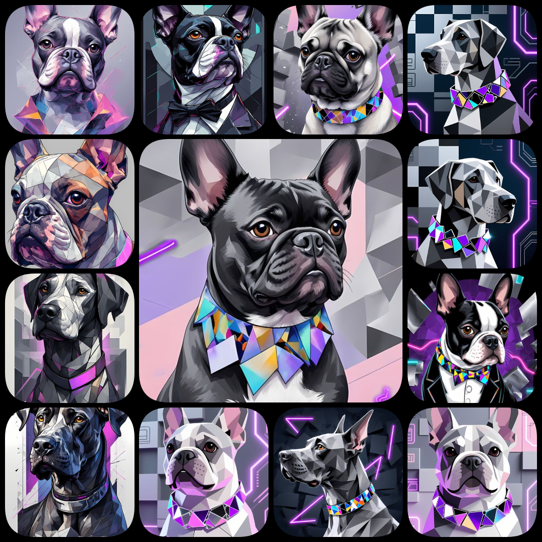 cyberpunk dog art, cubist dog illustrations, dog wall art, futuristic dog images, digital dog portraits, unique dog artwork, abstract dog print, modern dog decor, colorful dog art, dog poster digital, high res dog art, dog clipart bundle, AI art dogs, dig