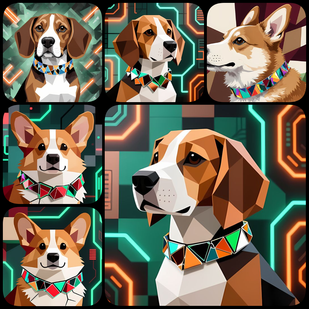 cyberpunk dog art, cubist dog illustrations, dog wall art, futuristic dog images, digital dog portraits, unique dog artwork, abstract dog print, modern dog decor, colorful dog art, dog poster digital, high res dog art, dog clipart bundle, AI art dogs, dig