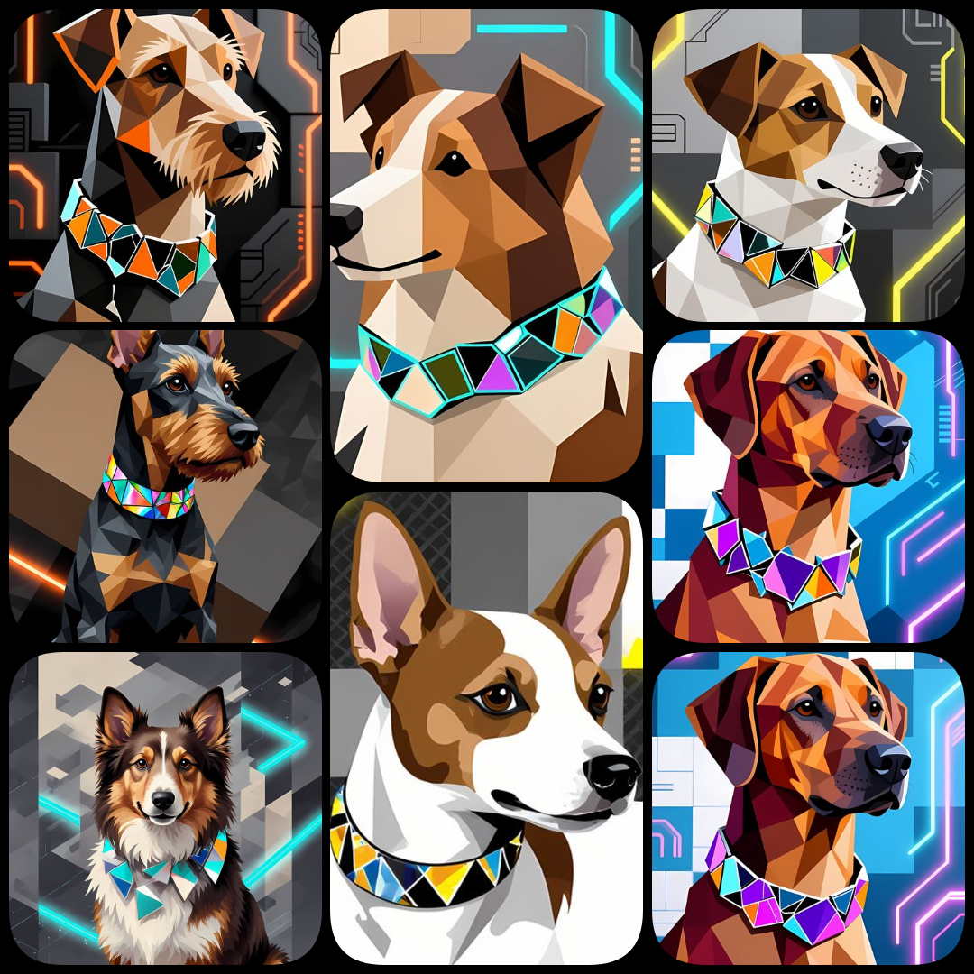 cyberpunk dog art, cubist dog illustrations, dog wall art, futuristic dog images, digital dog portraits, unique dog artwork, abstract dog print, modern dog decor, colorful dog art, dog poster digital, high res dog art, dog clipart bundle, AI art dogs, dig