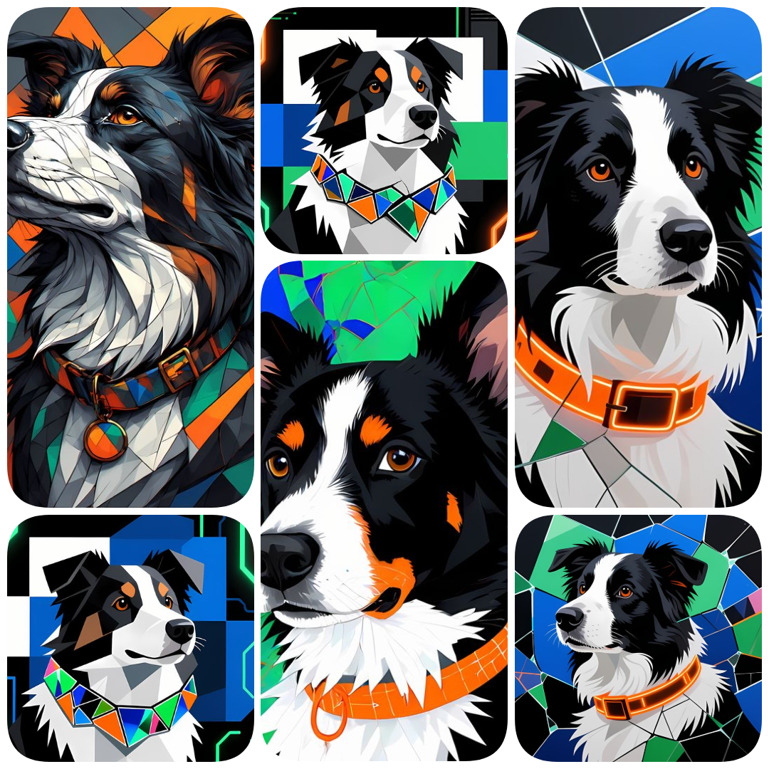 cyberpunk dog art, cubist dog illustrations, dog wall art, futuristic dog images, digital dog portraits, unique dog artwork, abstract dog print, modern dog decor, colorful dog art, dog poster digital, high res dog art, dog clipart bundle, AI art dogs, dig