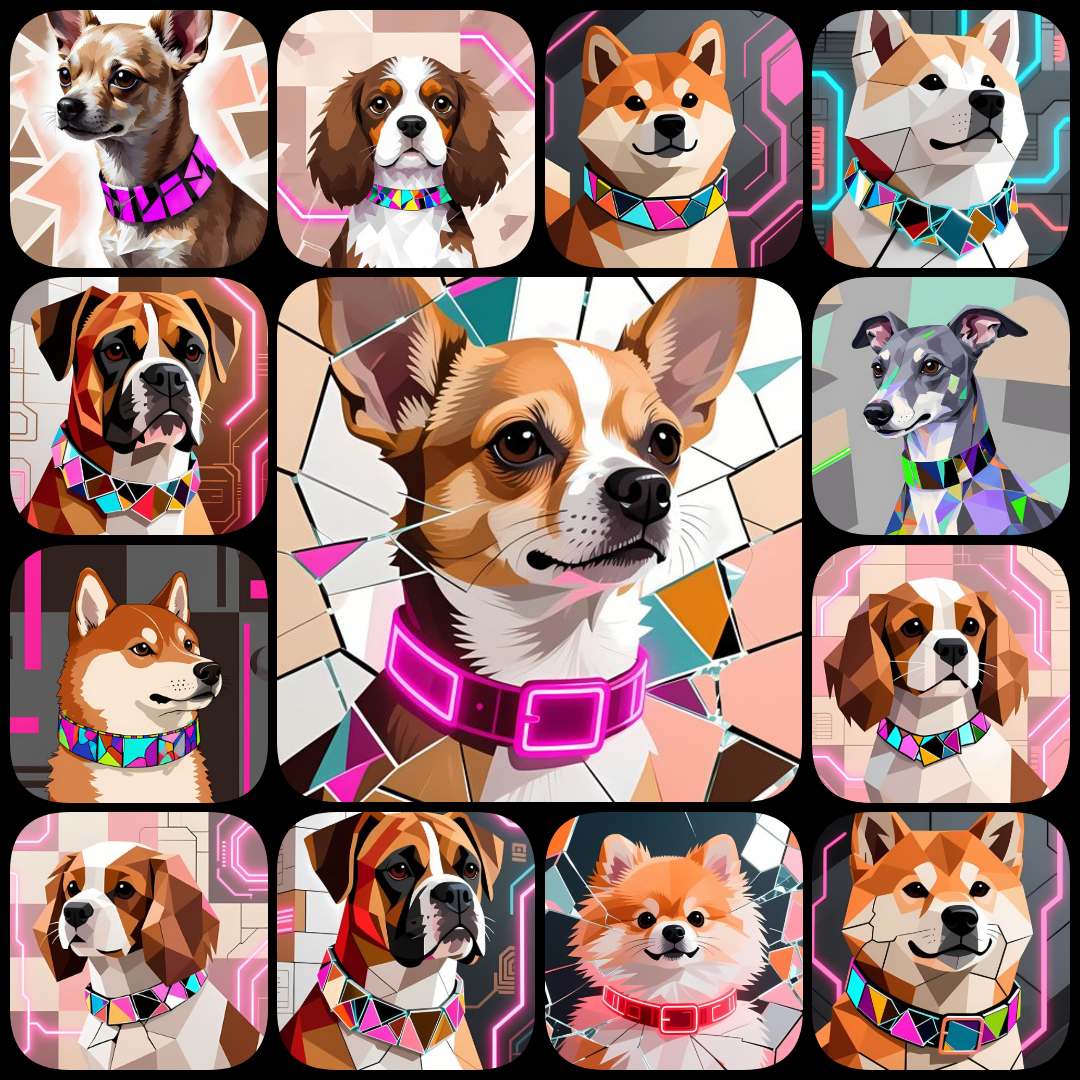 cyberpunk dog art, cubist dog illustrations, dog wall art, futuristic dog images, digital dog portraits, unique dog artwork, abstract dog print, modern dog decor, colorful dog art, dog poster digital, high res dog art, dog clipart bundle, AI art dogs, dig