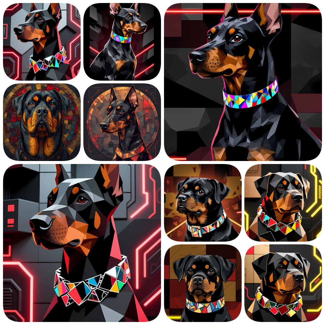 cyberpunk dog art, cubist dog illustrations, dog wall art, futuristic dog images, digital dog portraits, unique dog artwork, abstract dog print, modern dog decor, colorful dog art, dog poster digital, high res dog art, dog clipart bundle, AI art dogs, dig