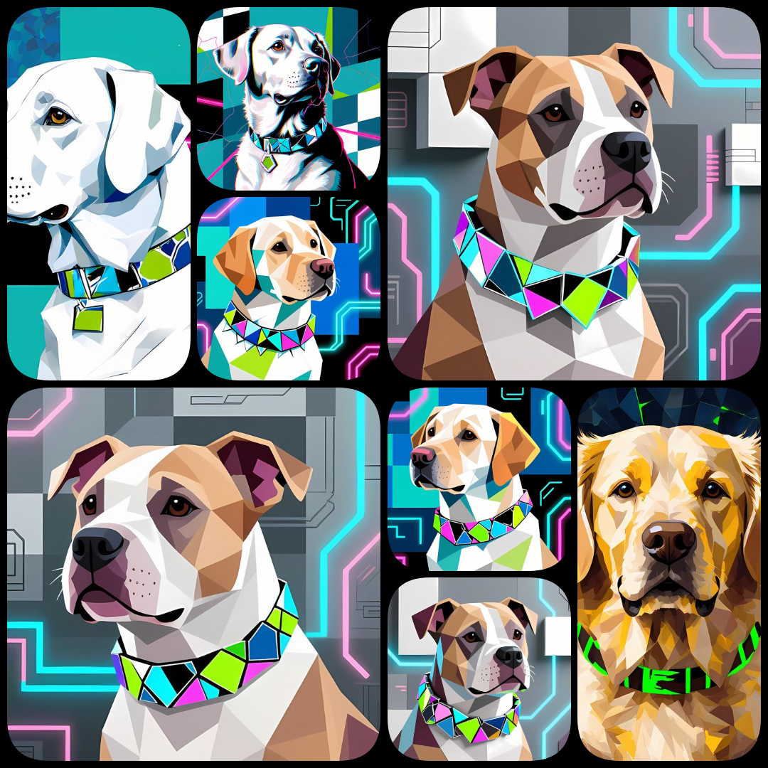 cyberpunk dog art, cubist dog illustrations, dog wall art, futuristic dog images, digital dog portraits, unique dog artwork, abstract dog print, modern dog decor, colorful dog art, dog poster digital, high res dog art, dog clipart bundle, AI art dogs, dig